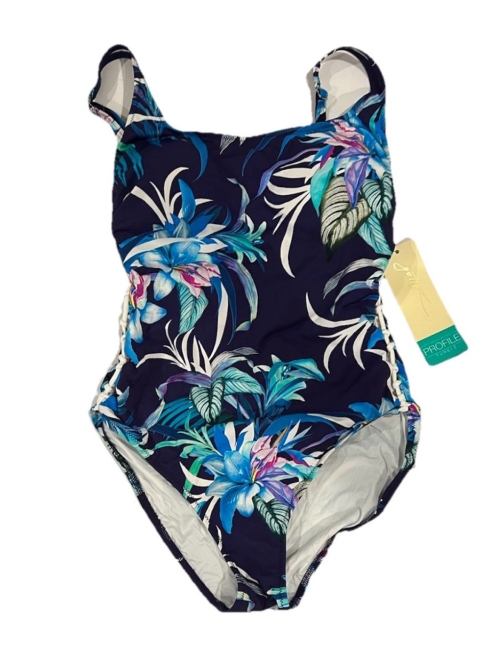 NEW Profile Turkiz by Gottex Size 8 Blue Floral Side Lace-Up One Piece Swimsuit